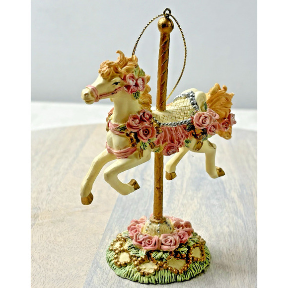 Horse Carousel Figurine Gold Post Pink Flowers Horse Vibrant - Picture 2 of 6